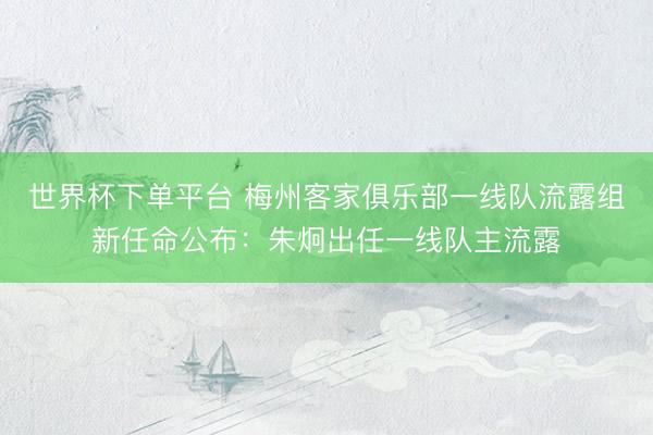 世界杯下单平台 梅州客家俱乐部一线队流露组新任命公布：朱炯出任一线队主流露